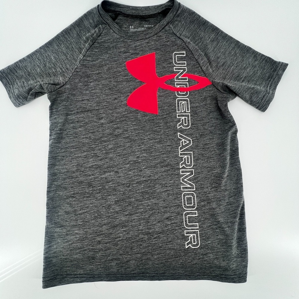 Under Armour Youth YLG Gray HeatGear Shirt Red Big Logo Athletic Tee